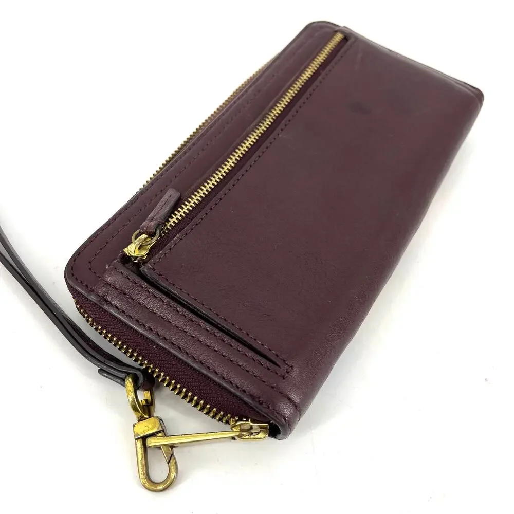 Fossil Logan Purple Multi-Color Striped Zip Around Leather Wallet Wrist Strap‎